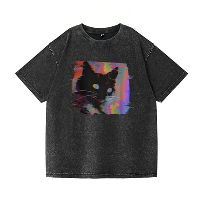 Neon Cyber Cat Washed T-Shirt PT076