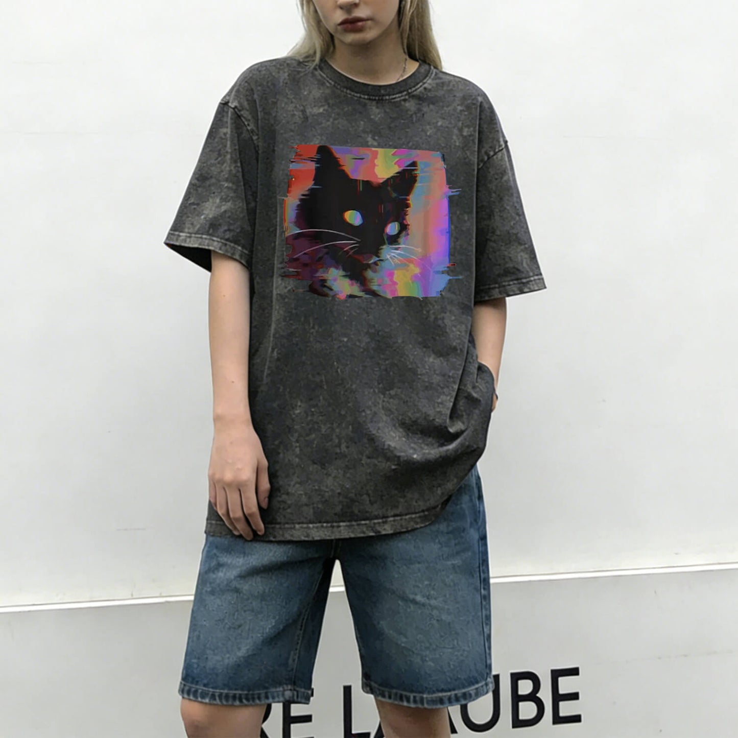 Neon Cyber Cat Washed T-Shirt PT076