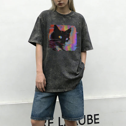 Neon Cyber Cat Washed T-Shirt PT076