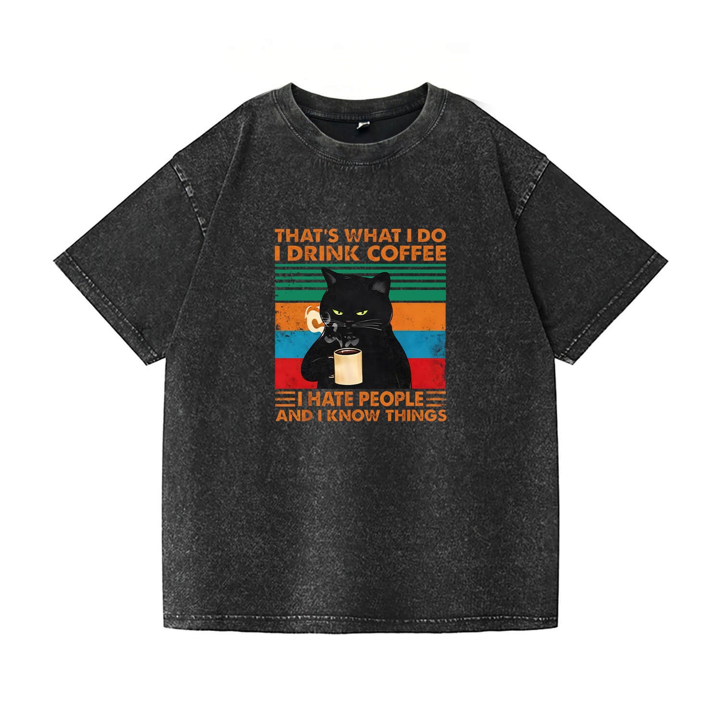 Cat Drinking Coffee Washed T-Shirt PT086