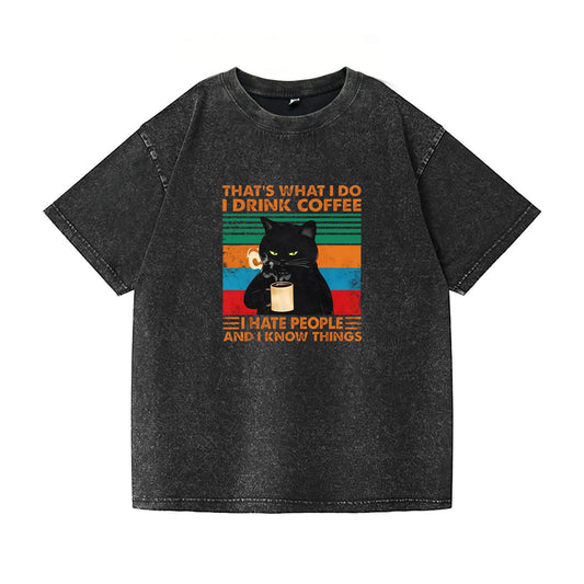 Cat Drinking Coffee Washed T-Shirt PT086