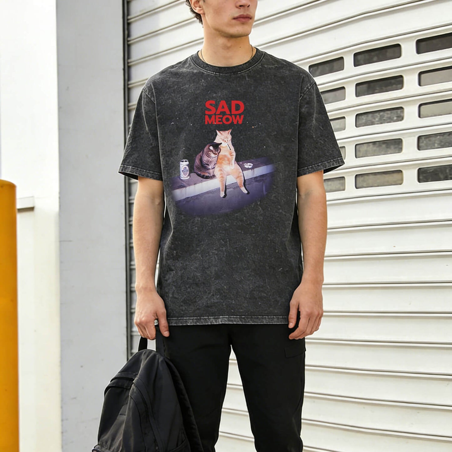Sad Meow Washed T-Shirt PT088