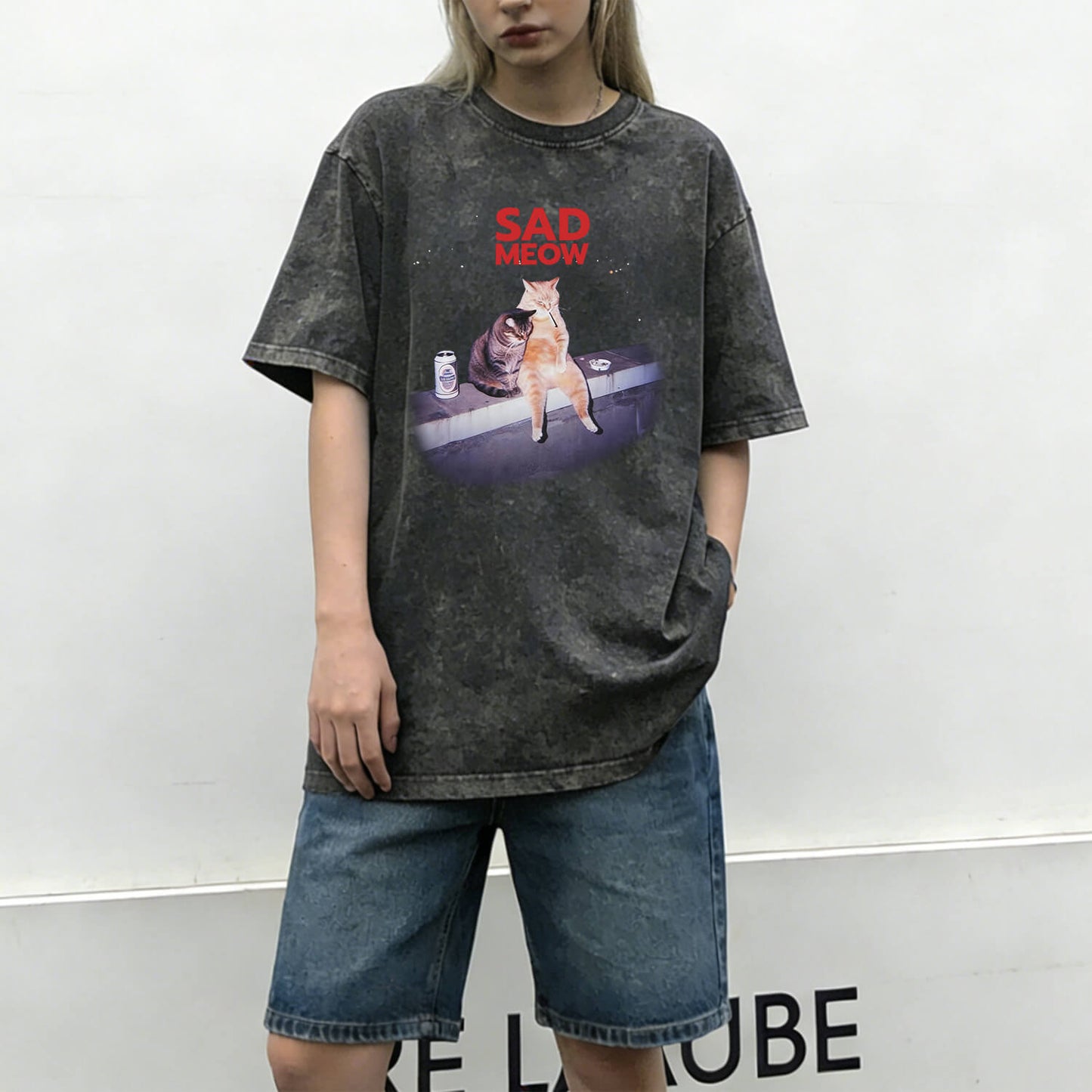 Sad Meow Washed T-Shirt PT088