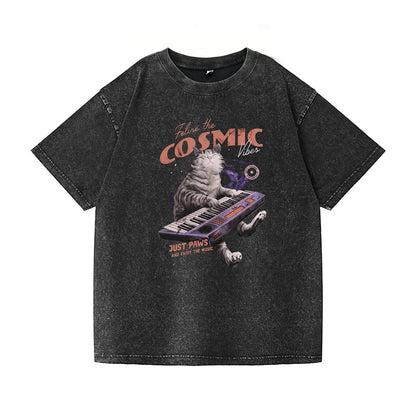 Cat Playing Music Washed T-Shirt PT089