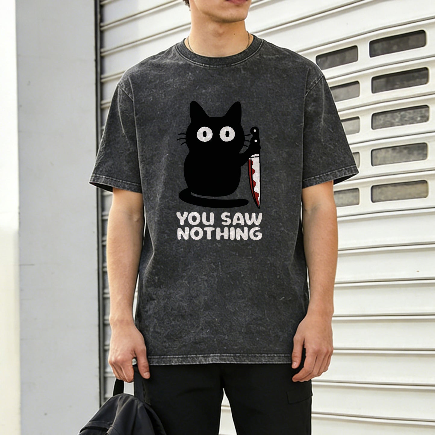 You Saw Nothing Black Cat Washed T-Shirt PT148