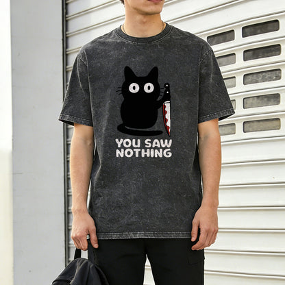 You Saw Nothing Black Cat Washed T-Shirt PT148