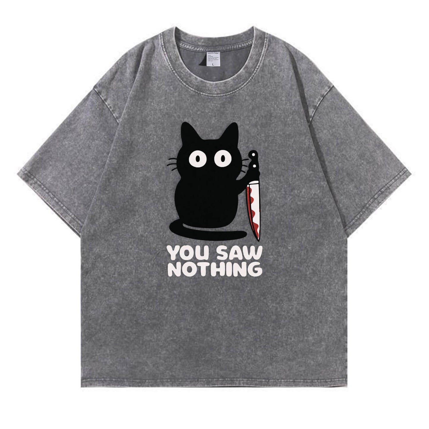 You Saw Nothing Black Cat Washed T-Shirt PT148
