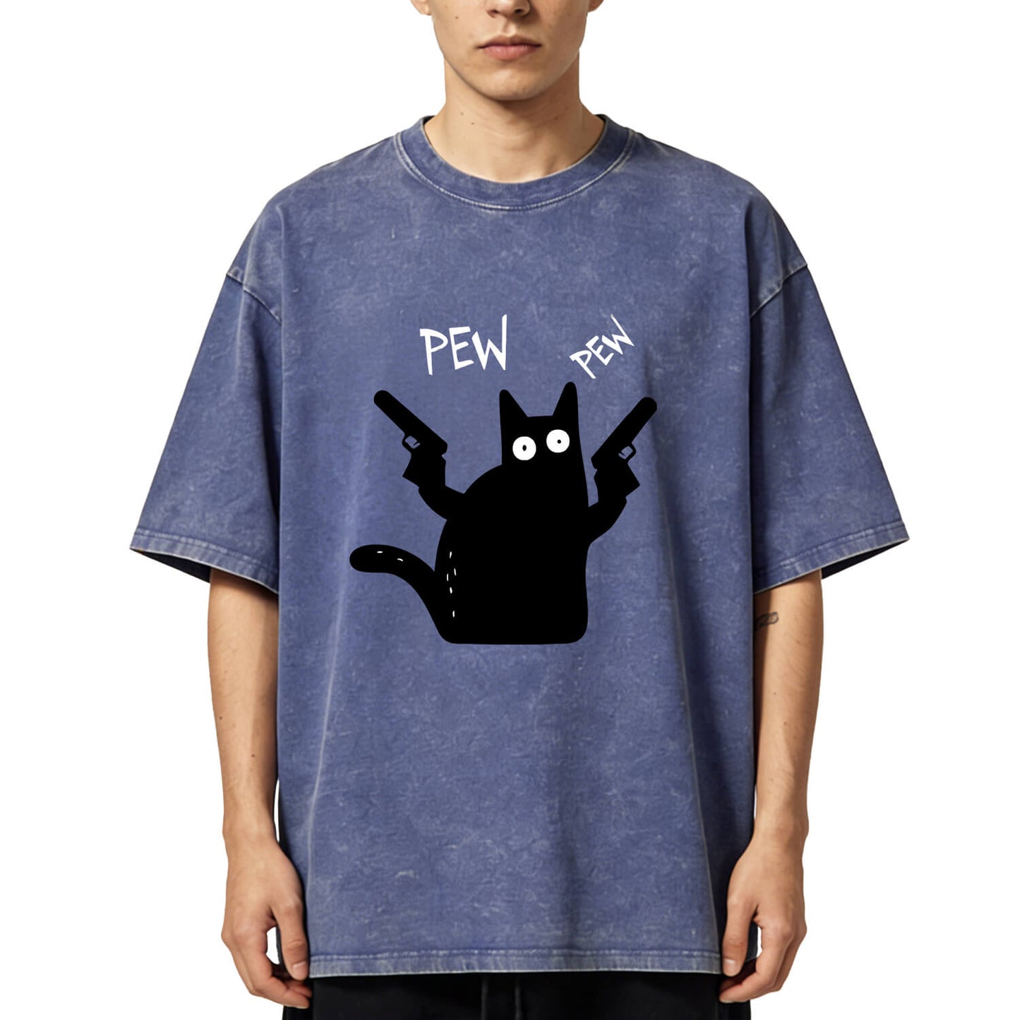 Pew Pew Black Cat Washed T-Shirt PT149