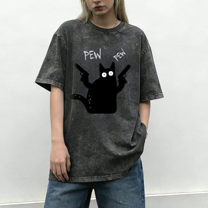 Pew Pew Black Cat Washed T-Shirt PT149