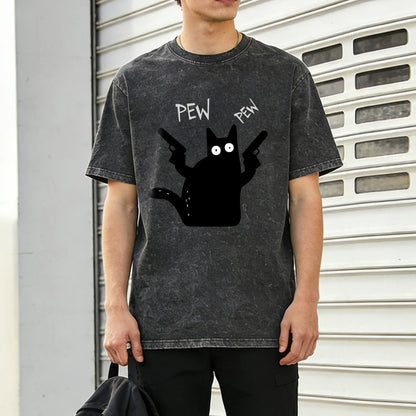 Pew Pew Black Cat Washed T-Shirt PT149