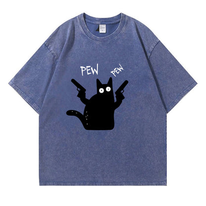 Pew Pew Black Cat Washed T-Shirt PT149