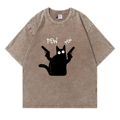 Pew Pew Black Cat Washed T-Shirt PT149