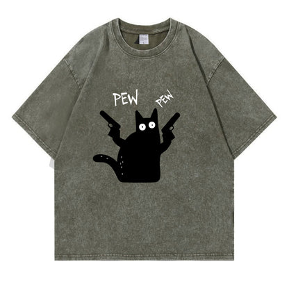 Pew Pew Black Cat Washed T-Shirt PT149