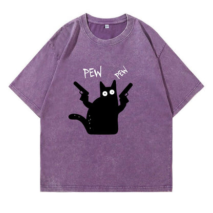 Pew Pew Black Cat Washed T-Shirt PT149