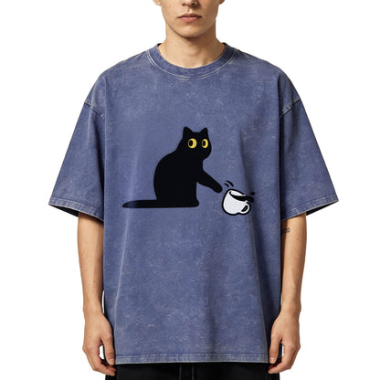 Cat Spilled Coffee Washed T-Shirt PT153