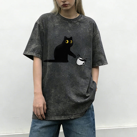 Cat Spilled Coffee Washed T-Shirt PT153