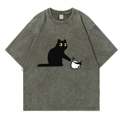 Cat Spilled Coffee Washed T-Shirt PT153