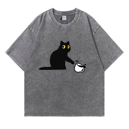 Cat Spilled Coffee Washed T-Shirt PT153