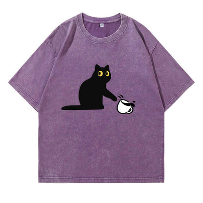 Cat Spilled Coffee Washed T-Shirt PT153