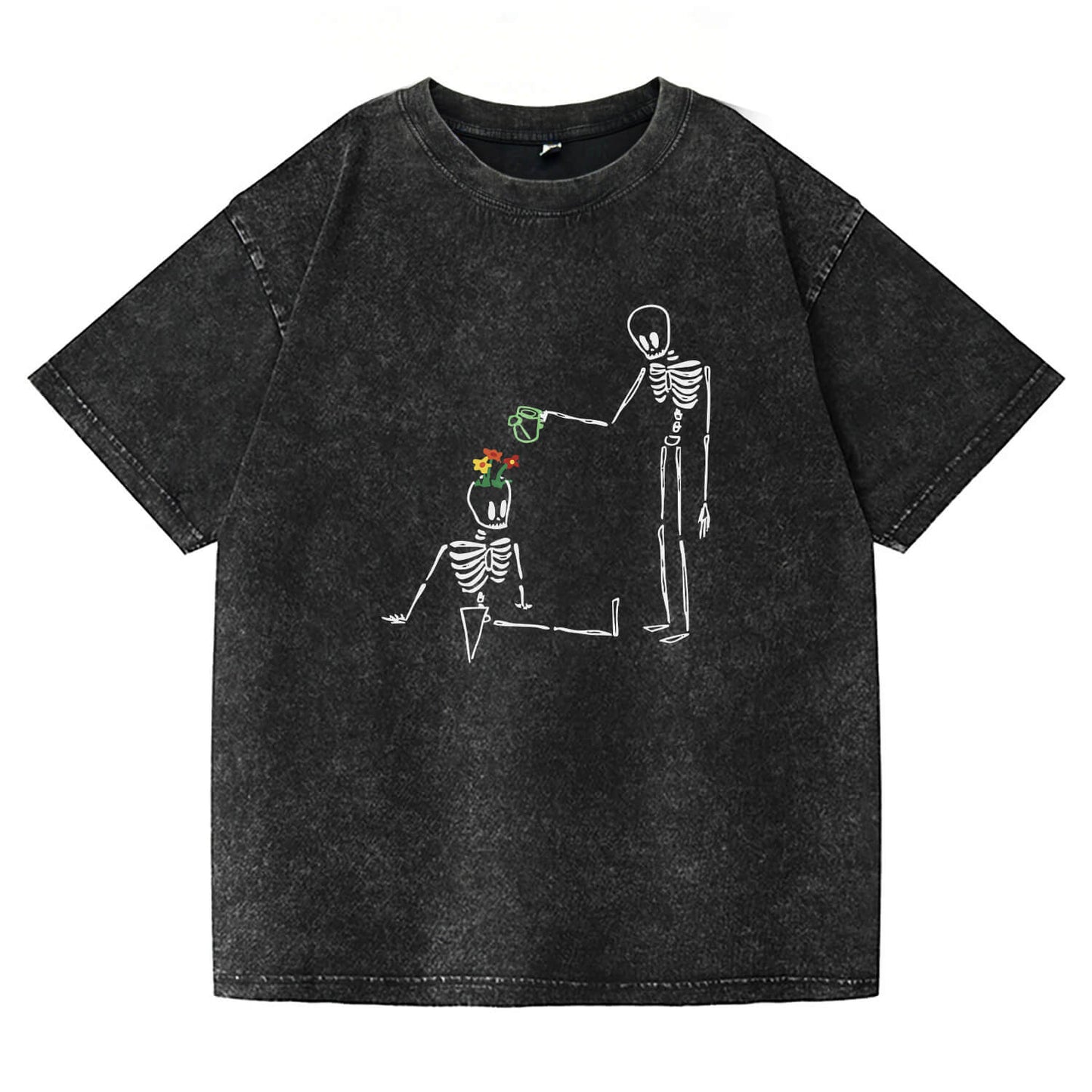 Skeleton Watering  Flowers Washed T-Shirt PT172