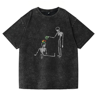 Skeleton Watering  Flowers Washed T-Shirt PT172