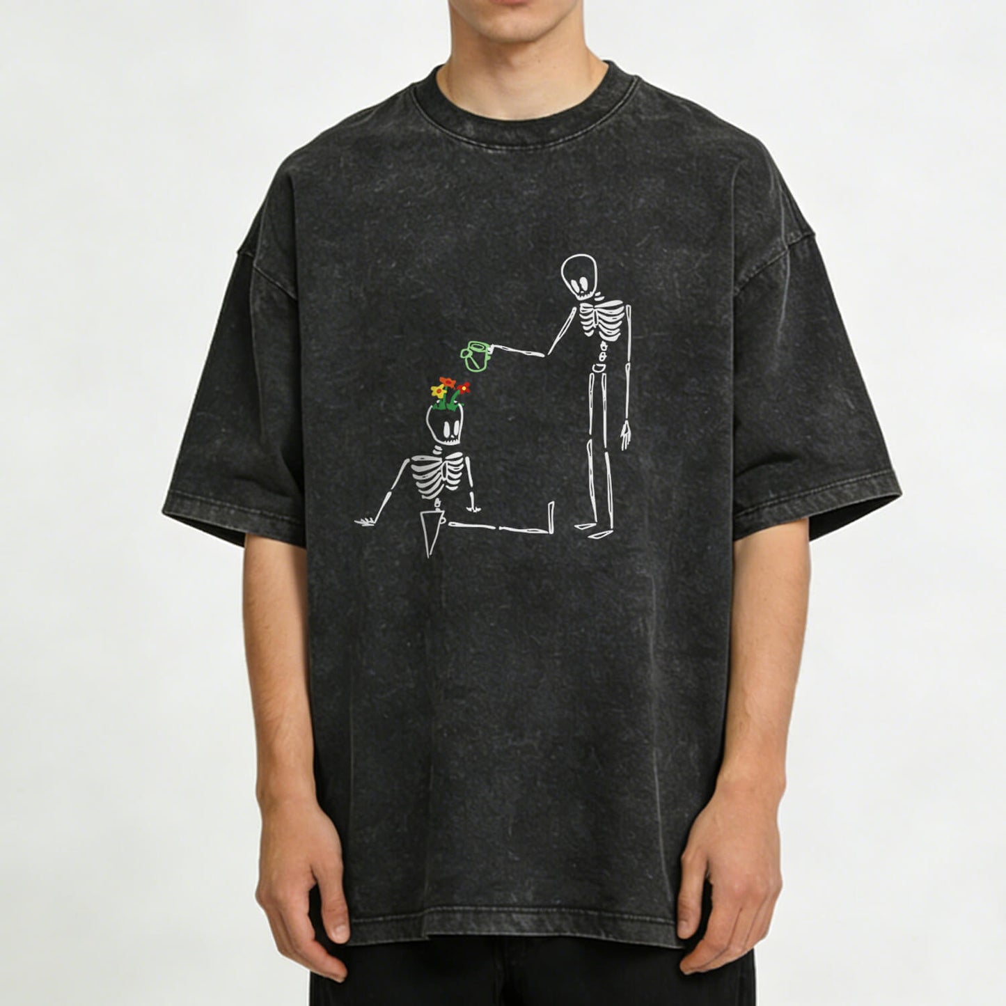 Skeleton Watering  Flowers Washed T-Shirt PT172