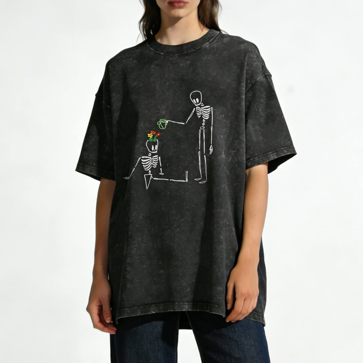 Skeleton Watering  Flowers Washed T-Shirt PT172