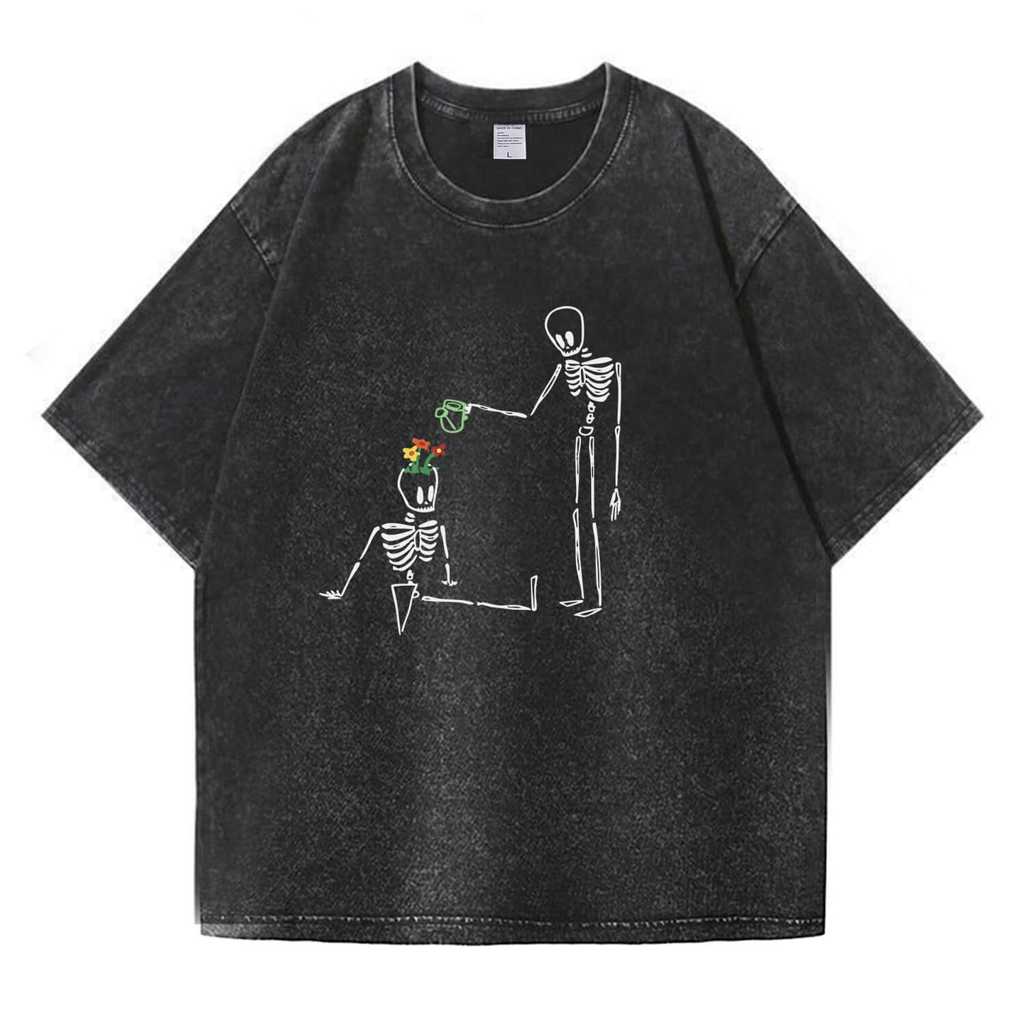 Skeleton Watering  Flowers Washed T-Shirt PT172