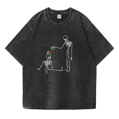 Skeleton Watering  Flowers Washed T-Shirt PT172