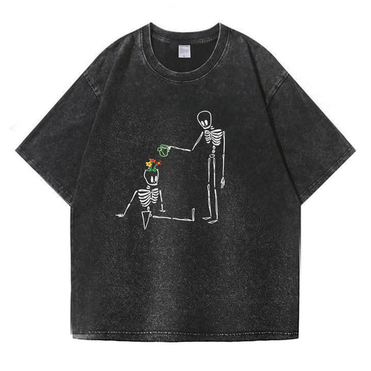 Skeleton Watering  Flowers Washed T-Shirt PT172