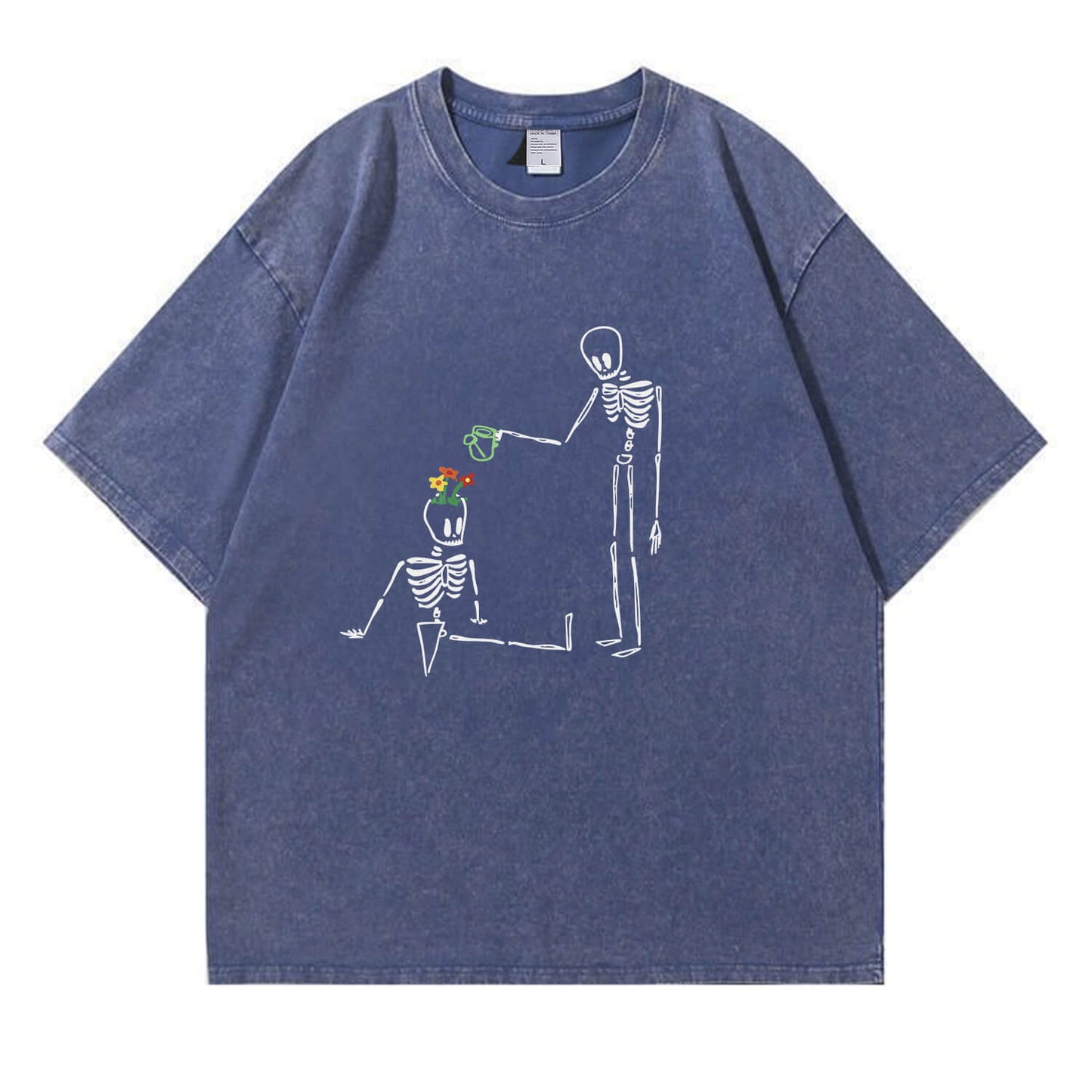 Skeleton Watering  Flowers Washed T-Shirt PT172