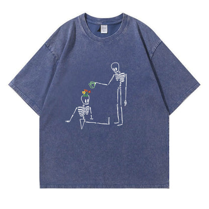 Skeleton Watering  Flowers Washed T-Shirt PT172