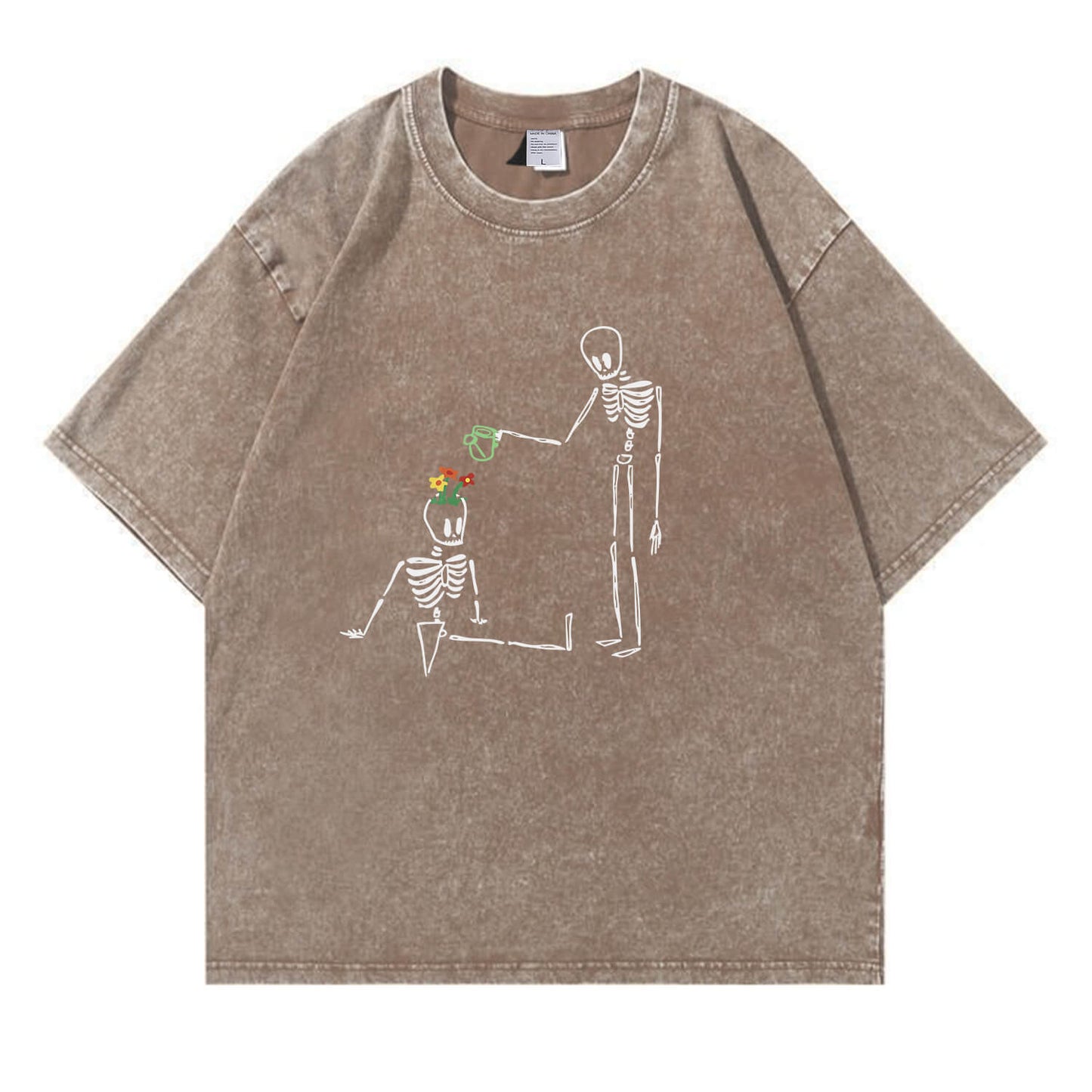 Skeleton Watering  Flowers Washed T-Shirt PT172