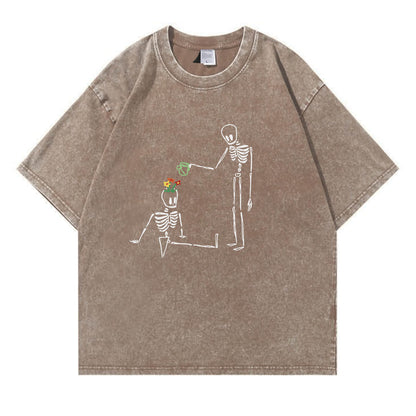 Skeleton Watering  Flowers Washed T-Shirt PT172