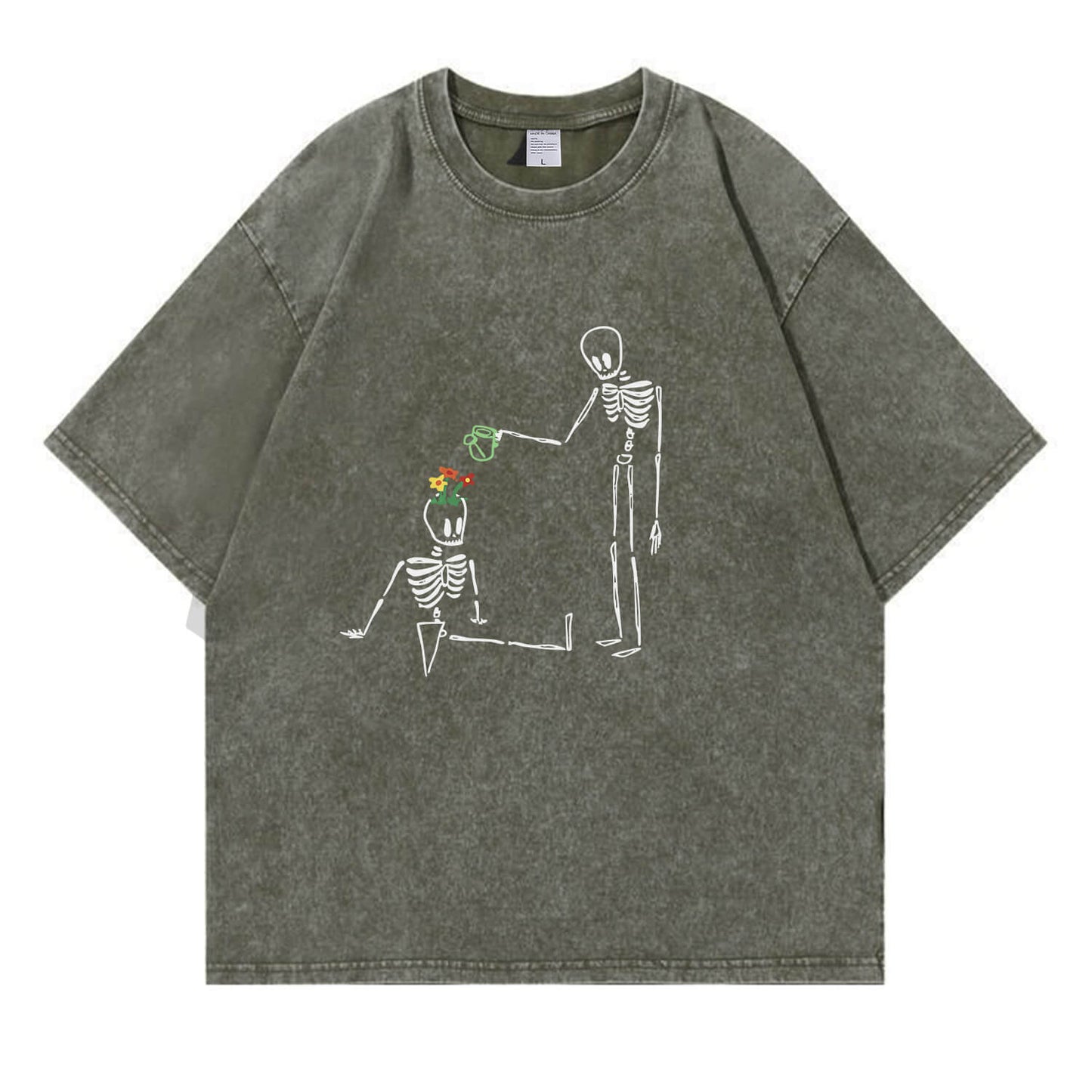Skeleton Watering  Flowers Washed T-Shirt PT172
