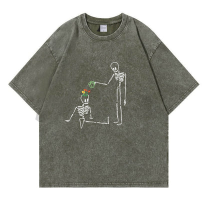 Skeleton Watering  Flowers Washed T-Shirt PT172