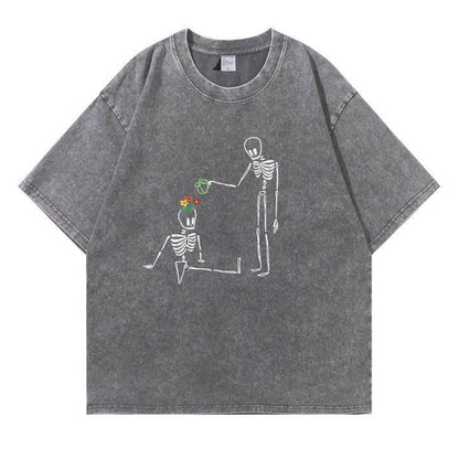 Skeleton Watering  Flowers Washed T-Shirt PT172