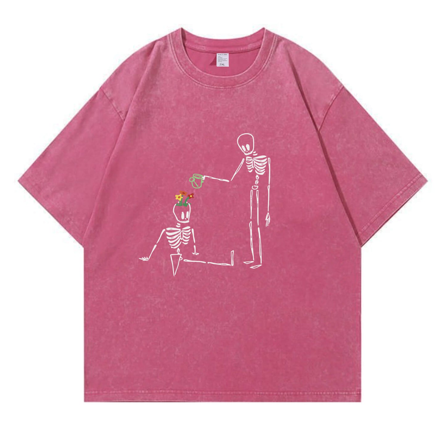 Skeleton Watering  Flowers Washed T-Shirt PT172