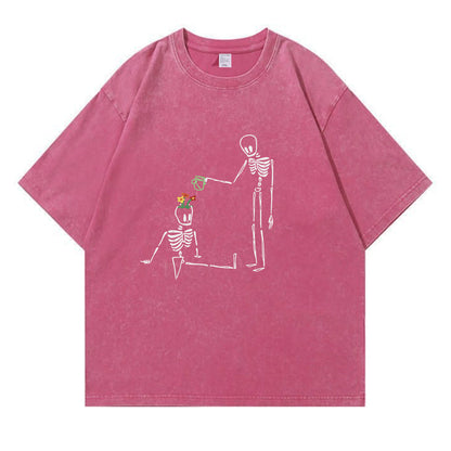 Skeleton Watering  Flowers Washed T-Shirt PT172