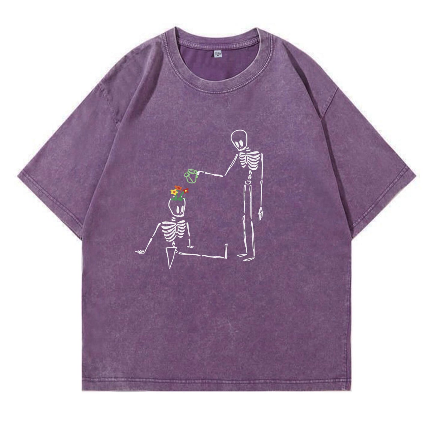 Skeleton Watering  Flowers Washed T-Shirt PT172
