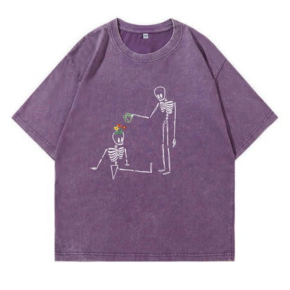 Skeleton Watering  Flowers Washed T-Shirt PT172