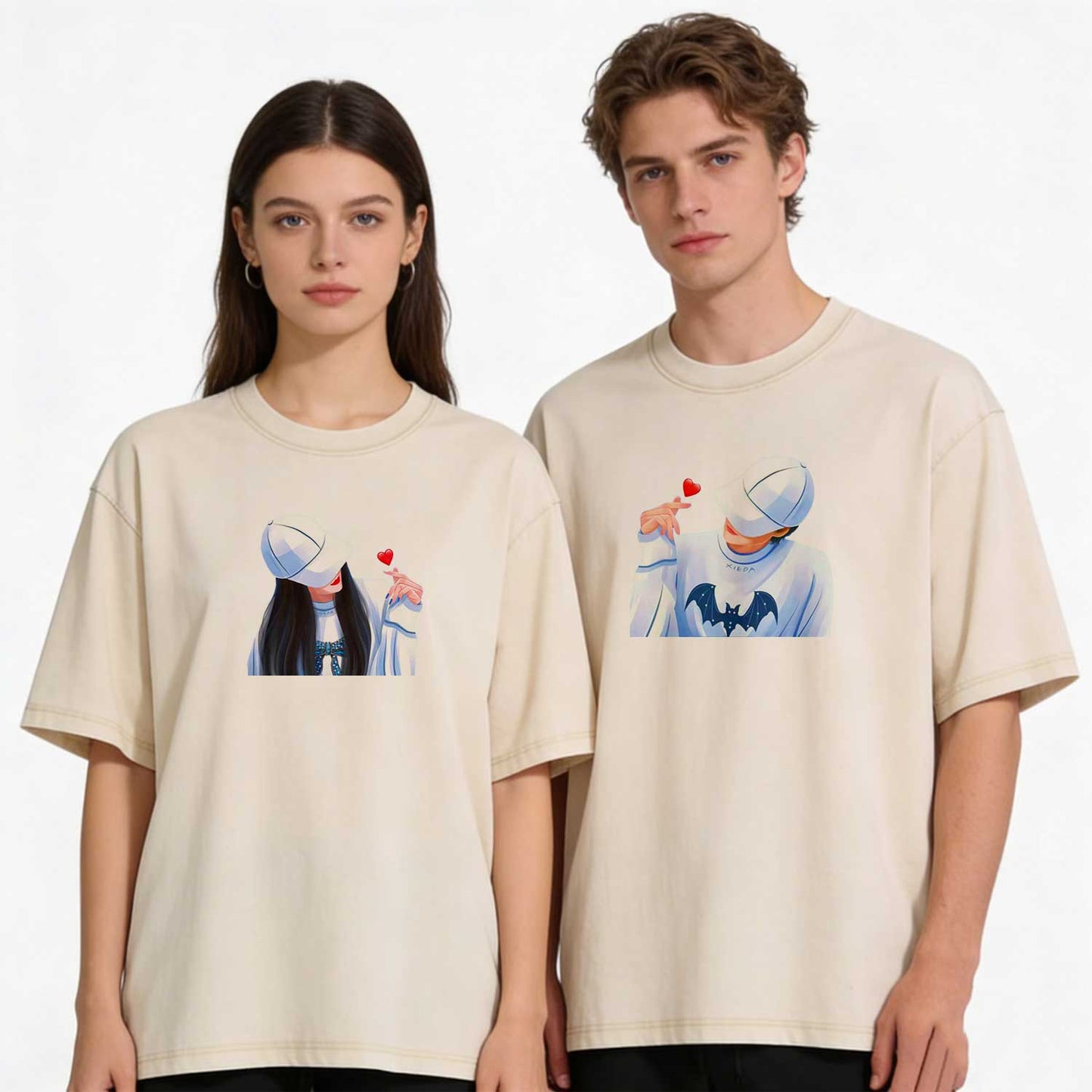 Couple Matching Heart Finger Washed T-Shirt PT391