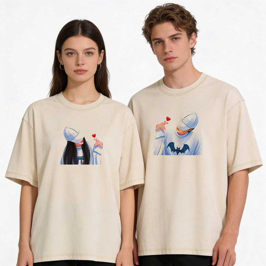 Couple Matching Heart Finger Washed T-Shirt PT391