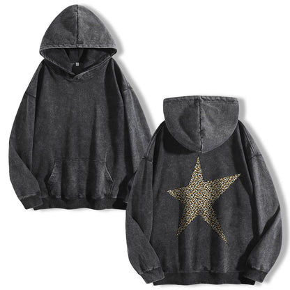 Leopard Print Five-pointed Star Washed Hoodie PT400