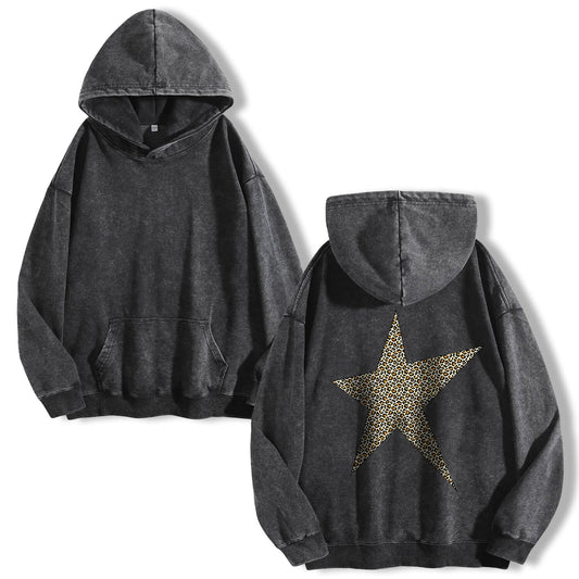 Leopard Print Five-pointed Star Washed Hoodie PT400