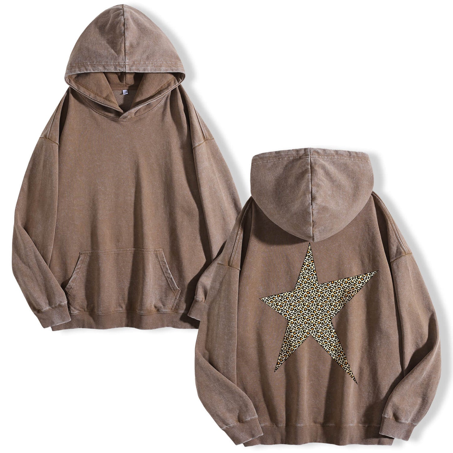Leopard Print Five-pointed Star Washed Hoodie PT400