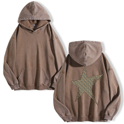 Leopard Print Five-pointed Star Washed Hoodie PT400