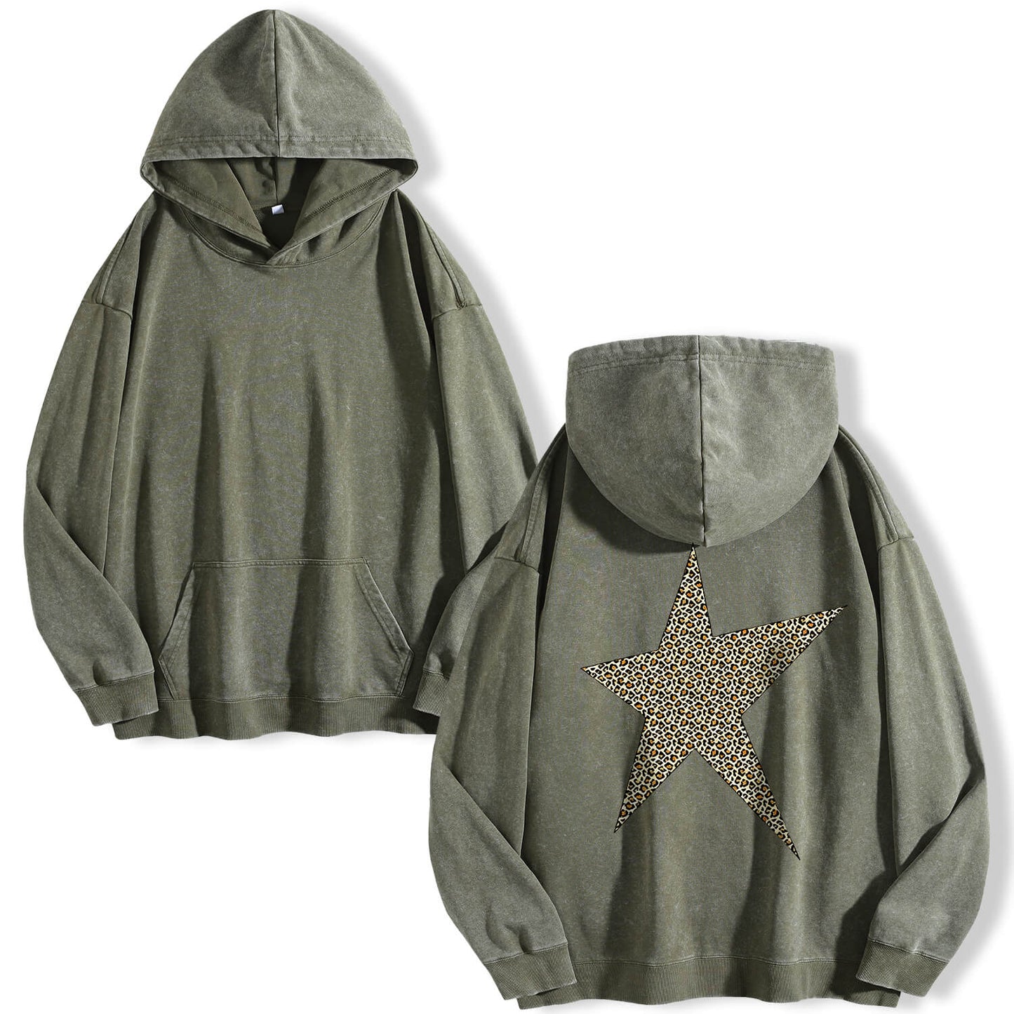 Leopard Print Five-pointed Star Washed Hoodie PT400