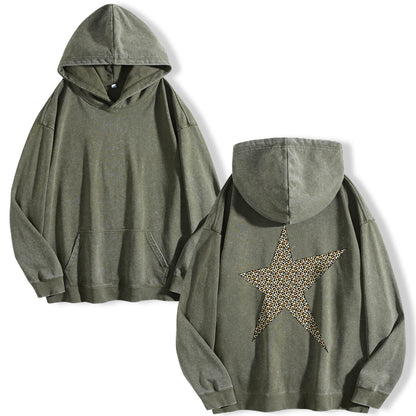 Leopard Print Five-pointed Star Washed Hoodie PT400
