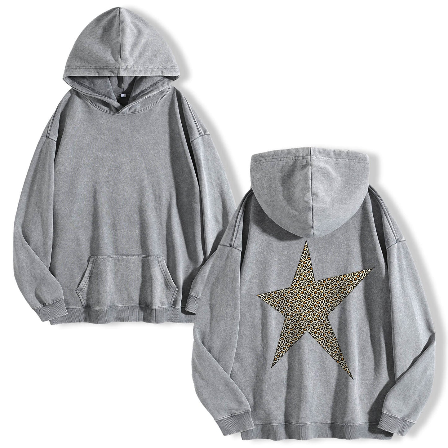 Leopard Print Five-pointed Star Washed Hoodie PT400